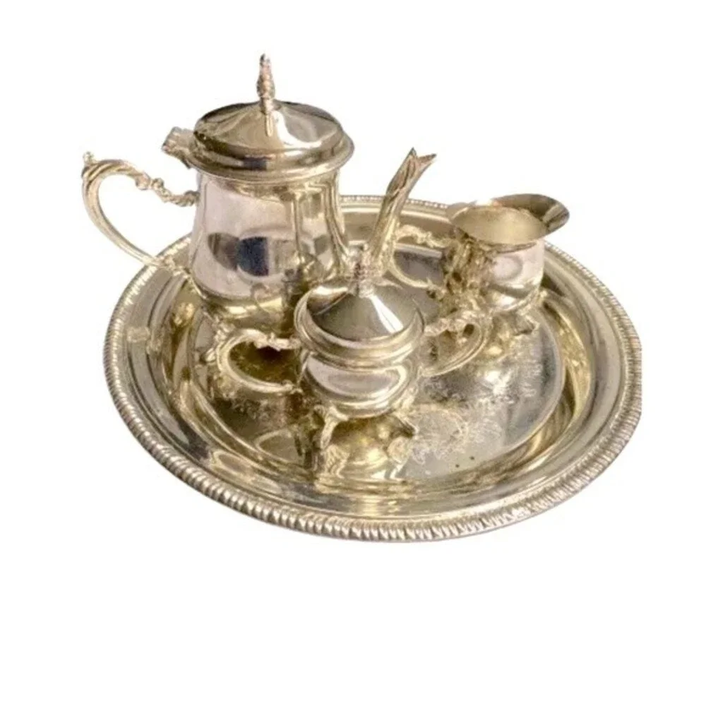 VTG Silver Plate Small 4 piece Coffee Set Teapot Creamer Sugar Bowls & Tray